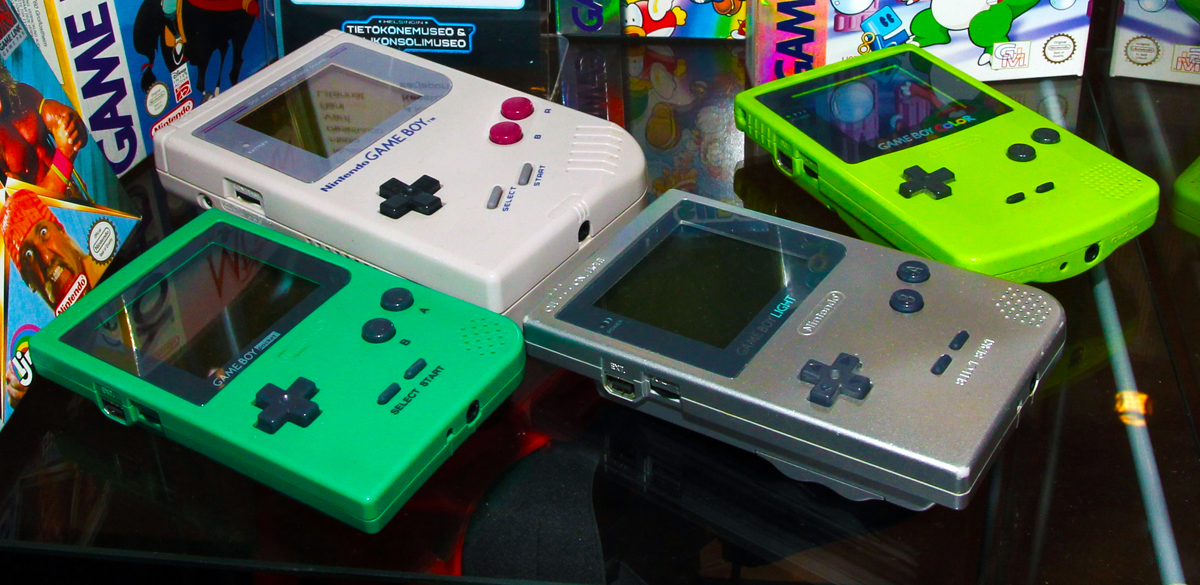 Nintendo Game Boy, Game Boy Pocket, Game Boy Light and Game Boy Color handheld game consoles in Helsinki Computer and game console museum.
